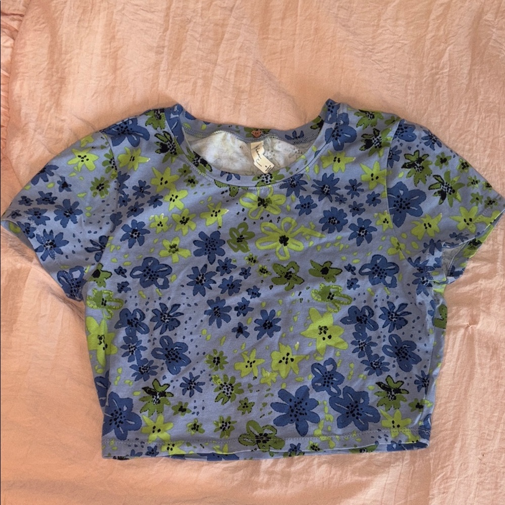 Pacsun LA Hearts Blue Floral Crop T-shirt Size S